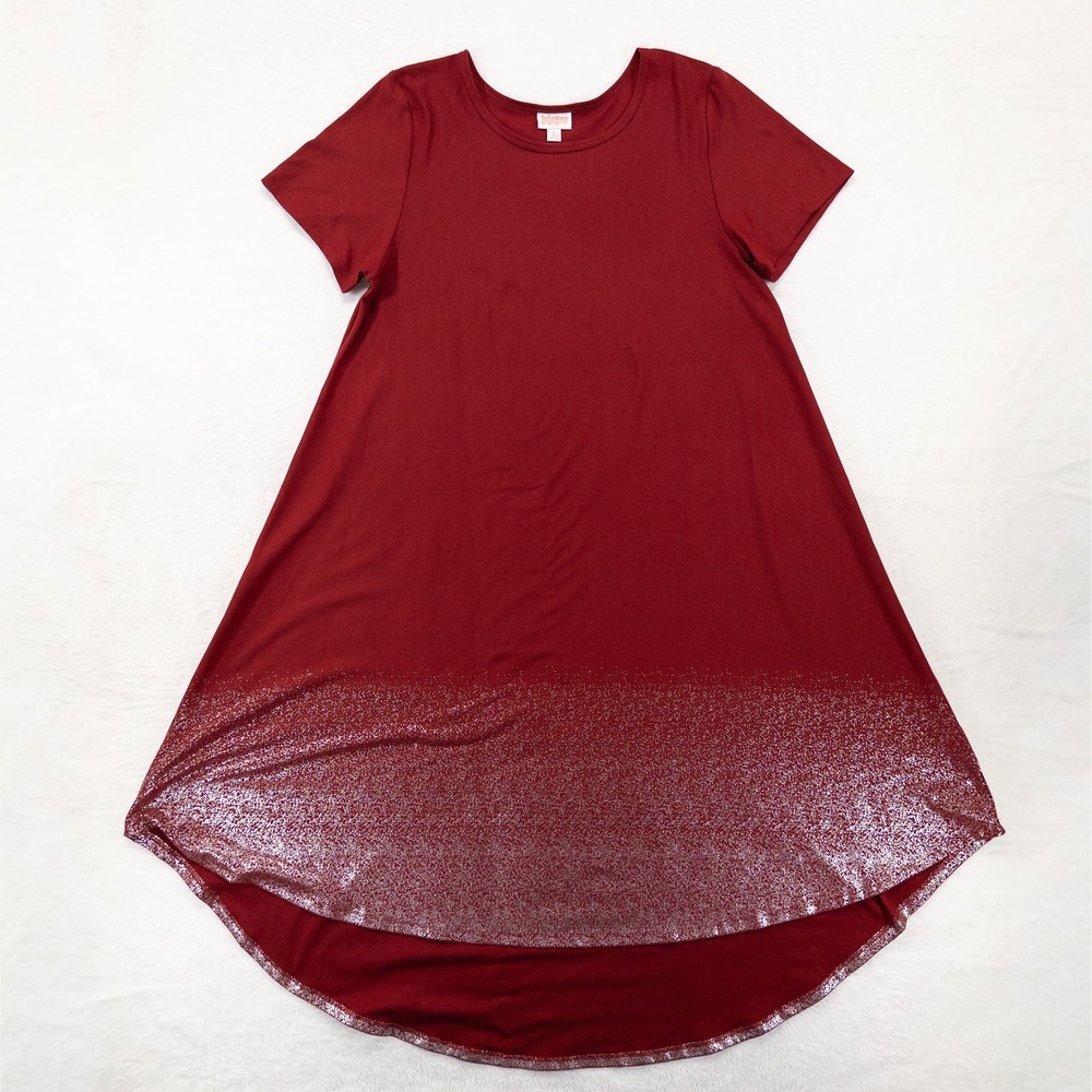 LuLaRoe Womens Carly Dress Large Red Silver Ombre High Low Holiday Swing Stretch